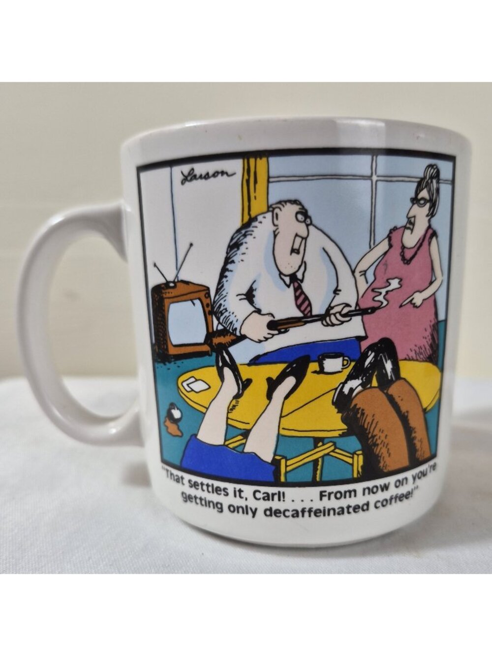 The Far Side Gary Larson 1980 Decaf Coffee Cartoon Mug Vintage 3" White Ceramic